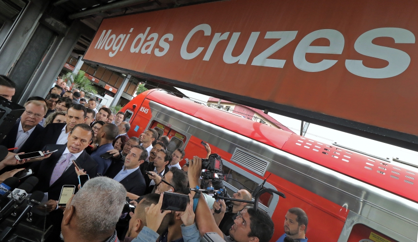 Governador João Doria anunciou o fim da baldeação durante evento realizado na Estação Mogi das Cruzes, com o prefeito Marcus Melo e autoridades (Ney Sarmento/PMMC)