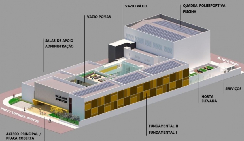 O complexo educacional terá três pavimentos, sendo 15 salas de aula, uma sala de recursos multifuncionais, seis salas especializadas e sete espaços de aprendizagem, com destaque para a piscina. (D . . .