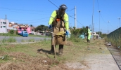 A força-tarefa de zeladoria continua ocorrendo em diversos pontos da cidade, como nas margens do Córrego dos Canudos, em Braz Cubas, com corte de grama (Divulgação/ PMMC)