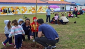 Alunos da Creche Santa Clara II (Ceim Therezinha Miranda de Paula (Profª)), no Rodeio, tiveram uma manhã de sexta-feira (27/6) agitada com o plantio (Divulgação/PMMC)