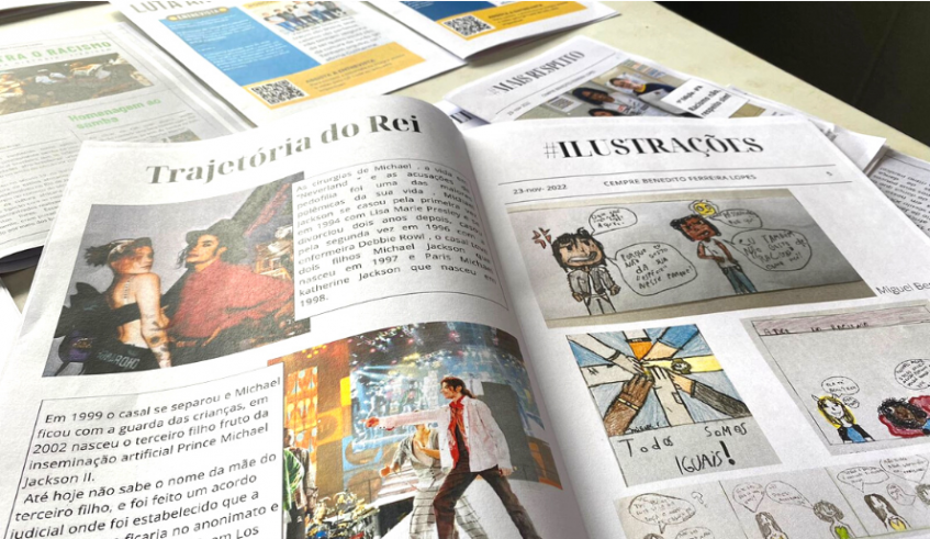 Alunos do 6º ano produziram jornais com o tema do racismo, reunindo entrevistas, biografias, entre outros assuntos. (Divulgação/PMMC)