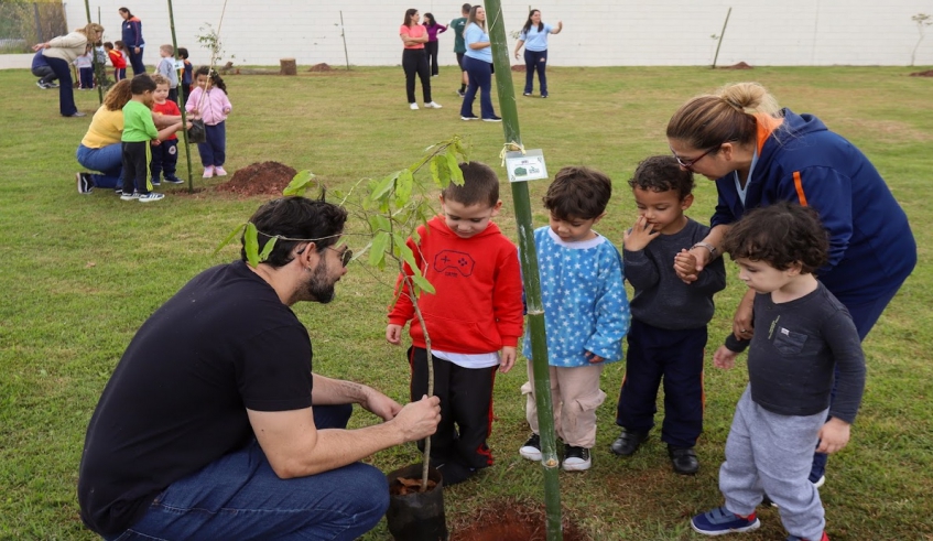 Crianças plantaram mudas de espécies nativas como uvaia, quaresmeira e aroeira-salsa: mudas são oriundas do Viveiro Municipal, no Parque Leon Feffer (Divulgação/PMMC)