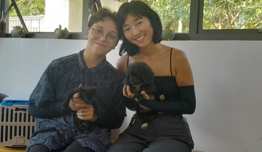 Thaynara Alves e uma amiga adotaram dois filhotes, um cão e um gato. Elas esperam que os pets cresçam juntos e se tornem amigos no futuro (Divulgação/PMMC)