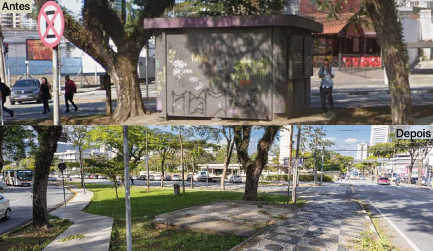Antes e depois da praça Jorge Sakai, na região do Centro Cívico, mostram a diferença no visual (Divulgação/PMMC)
