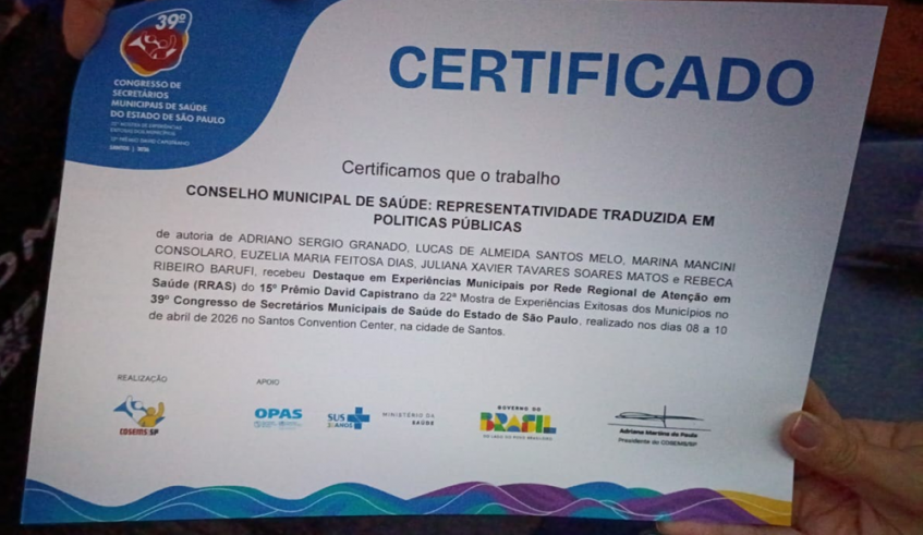 Certificado menciona alguns dos servidores envolvidos do trabalho que fortaleceu as práticas integrativas na rede municipal de saúde (Divulgação/PMMC)