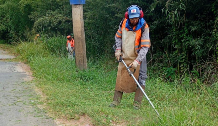 Serviços de roçada da vegetação às margens da Estrada Fujitaro Nagao tiveram início e devem se estender por pelo menos mais uma semana (Divulgação/ PMMC)