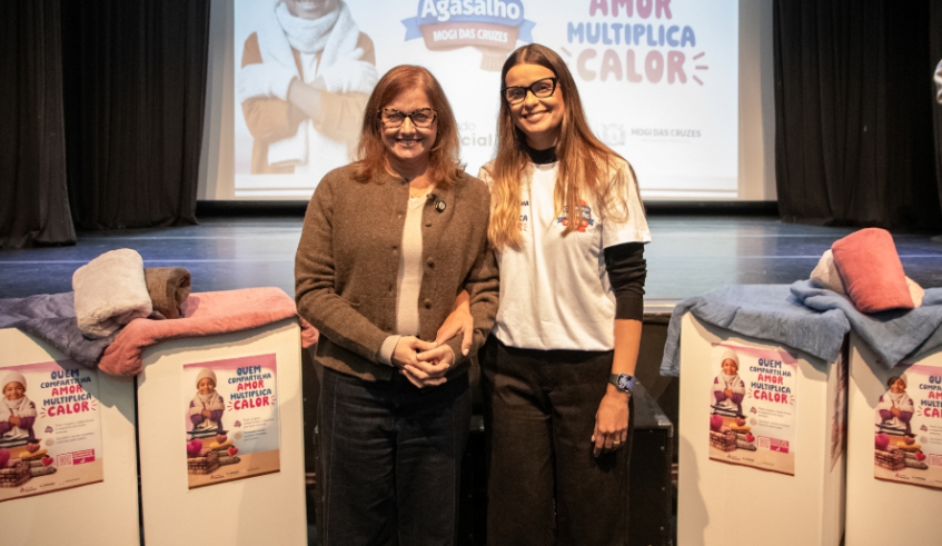 Mara Bertaiolli e Maira Cusatis, no lançamento da Campanha do Agasalho 2026 (Divulgação - PMMC)