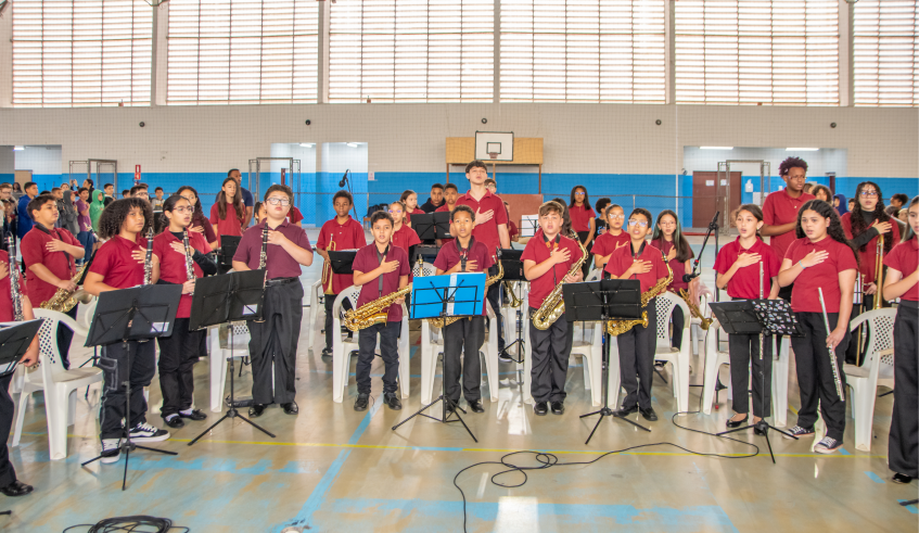 A banda escolar municipal do Cempre Prof. José Limongi Sobrinho brilhou no evento. (Divulgação/PMMC)